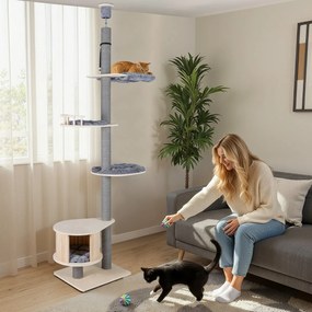 Árvore para gatos de 5 níveis Torre de madeira ajustável de 236-271 cm de altura com gancho casa Postes para arranhar Plataformas cinzentas