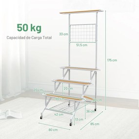Estante para plantas de 4 níveis com estrutura metálica com rodas, escada e barra 80 x 85 x 175 cm para sala de estar, varanda e pátio Branco