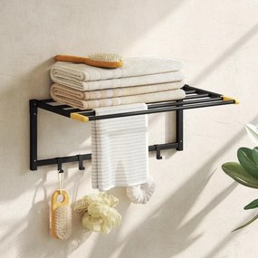 Toalheiro de Parede 60x32,5x20 cm Dobrável com 5 Barras e 6 Ganchos Suporte para Toalhas para Casa de Banho Dobrável e Compacto Preto