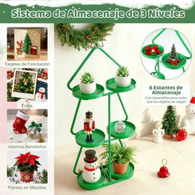 Suporte para plantas em forma arvore Natal 44 x 22,5 x 109,5 de 3 níveis em forma de árvore Estrela vermelha superior e estrutura metálica verde