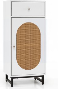 Armário de Arrumação com Porta de Rotim e Gaveta, 40 x 30 x 90 cm, Prateleira Ajustável, Branco
