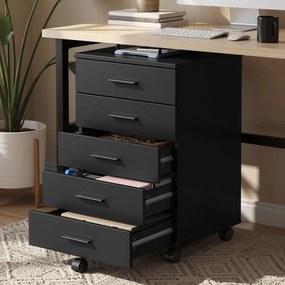 Bloco de gavetas para escritório com rodas, 5 gavetas 40 x 42 x 65,7 cm, corrediças sem parafusos, preto
