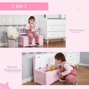 Baú de Brinquedos Banco de Armazenamento Infantil de Madeira de Pinho com Tampa de Amortecimento e Encosto Alto 60x30x50 cm Rosa