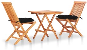 vidaXL Conjunto bistrô c/ almofadões pretos 3 pcs teca maciça