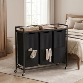 Carrinho de roupa com 3 compartimentos 93 x 32 x 93 cm, sacos de roupa removíveis, prateleira para arrumação preto-castanho