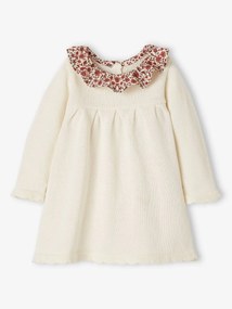 Vestido em tricot e gola em tecido às flores, para bebé branco claro liso com motivo