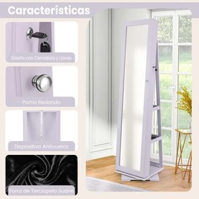 Armário para joias giratório em 360° com espelho inteiro com espelho para maquilhagem 39 x 39 x 161 cm Púrpura