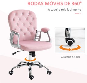 Cadeira de Escritório Estofada em Veludo Cadeira Giratória com Altura Ajustável e Decorações de Cristal 59,5x60,5x103 cm Rosa