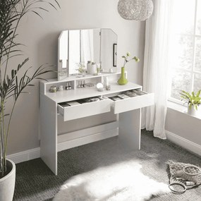 Toucador com espelho rebatível 40 x 100 x 140 cm e 2 gavetas e com 3 compartimentos abertos branco