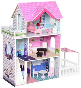 HOMCOM Casa de bonecas 3 andares com Pátio Mobília acessórios Madeira 86x30x87 cm Rosa | Aosom Portugal