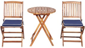 Conjunto 5 Peças Móveis Bistro de Madeira 2 Cadeiras com Almofada Mesa de Madeira de Acácia Mesa de Exterior Dobrável para Terraço Jardim Piscina Azul