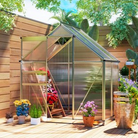 Estufa de jardim em alumínio e policarbonato com base, estufa com janela ajustável e porta de correr 192,5 x 131 x 200 cm