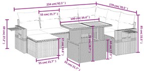 8 pcs conjunto sofás de jardim c/ almofadões vime PE cinzento