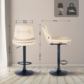 Banco de bar em couro sintético com estrutura preta 92-113 x 46 x 54 cm cor creme