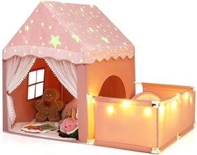 Casa de Jogos 2 em 1 com Parque Infantil, 169 x 120 x 136 cm, Luzes Estreladas, Rosa