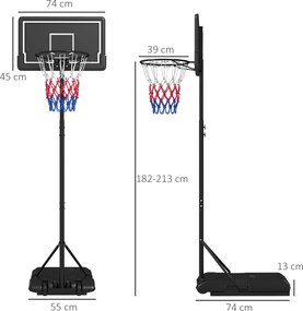 Cesto de basquetebol para exterior com altura ajustável de 182-213/220-250 cm, cesto de basquetebol com base e Rodas, preto