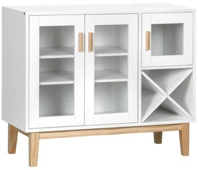 HOMCOM Aparador de Cozinha com 3 Portas de Vidro e Suporte em Forma de X para 4 Garrafas Móvel Buffet Auxiliar 90x37x75cm Branco | Aosom Portugal