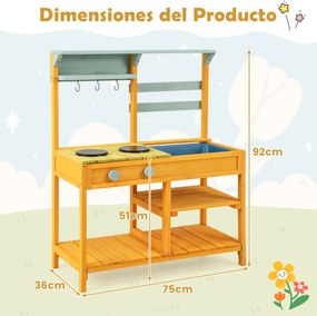 Cozinha de brincar em madeira com puxadores de fogão e lava-loiça exterior para crianças com mais de 3 anos Amarela