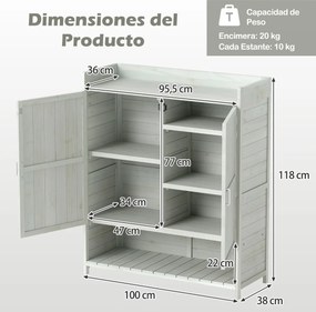 Bancada jardinagem para Exterior 100 x 38 x 118 cm com Armazenamento Armário de Madeira Maciça com Prateleiras Removíveis e 2 Portas Cinza
