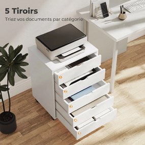 Bloco Gavetas de secretária 50x40x67,5cm móvel com 5 gavetas, móvel de arrumação de escritório com Rodas para documentos A3/Carta/A4, branco