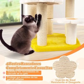 Arranhador para gatos com vários níveis e peluche no topo Poste para arranhar em sisal Plataformas para saltar 59 x 56 x 90 cm Amarelo