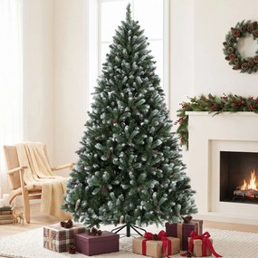 Árvore de Natal Artificial 210 cm com 1140 Pontas, Efeito de Neve 75 Pinhas e Base Metálica Dobrável Verde e Branco