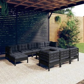 vidaXL 11 pcs conjunto lounge jardim c/ almofadões pinho maciço preto