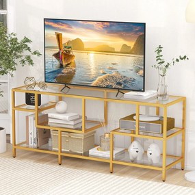 Móvel para TV até 65'' Retangular 147 x 40 x 62 cm ou Mesa apoio com Estantes de Vidro Temperado Centro de Entretenimento para Sala de Estar Dourada