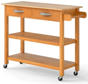 Carrinho de cozinha 116 x 43 x 89 cm com rodas de madeira com 2 gavetas, 2 prateleiras abertas e pega lateral natural