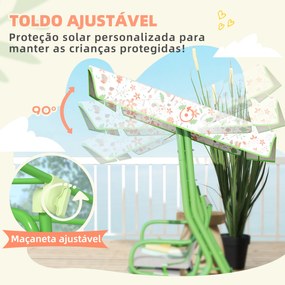 Baloiço de Jardim para Crianças com 2 Lugares Toldo Ajustável Cinto de Segurança e Desenho de Borboletas 112x75x120 cm Verde