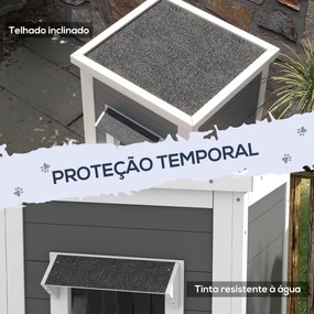 Casa para Gatos de Madeira 60x60x81,5 cm de 2 Níveis com Cortina e Portas com Beirais Impermeáveis Cinza e Branco