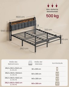 Cama de metal 160 x 200 cm (COLCHÃO NÃO INCLUIDO), estrutura com cabeceira, cama com espaço de arrumação e iluminação LED Preto mate, castanho vintage