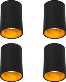 Conjunto de 4 focos modernos preto com dourado GU10 50mm - Deep