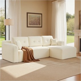 Sofá modular com 244 cm de largura e uma grande chaise longue à direita, em branco creme