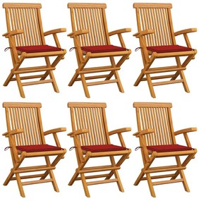 Cadeiras de jardim c/ almofadões vermelhos 6 pcs teca maciça