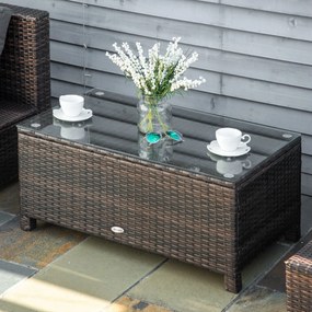 Mesa de Centro Jardim de Vime Sintético Mesa de Apoio para Exterior com Vidro Temperado 85x50x39 cm Castanho