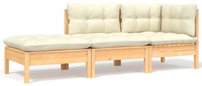vidaXL 3 pcs conjunto lounge jardim c/ almofadões creme pinho maciço