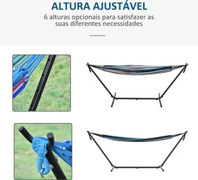 Cama Rede descanso jardim com Suporte 310x117 cm com Bolsa de Transporte Altura Ajustável Capacidade 120 kg para Campismo Azul e Branco