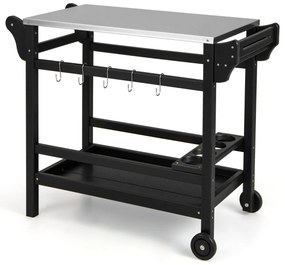 Carrinho de cozinha e de jardim com suporte para forno de pizza em PEAD com rodas Mesa para garrafas de vinho em aço inoxidável 105 x 54 x 85 cm Preto