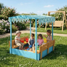 Caixa de areia infantil para crianças em madeira com tampa 134,5 x 127,5 x 130 cm, para exterior com assento dobrável em lona estampada com flamingos