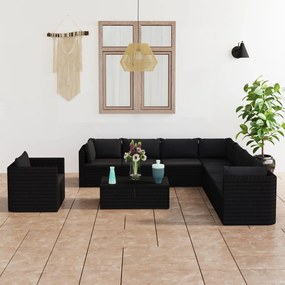 vidaXL 10 pcs conjunto lounge de jardim c/ almofadões vime PE preto