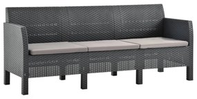 3 pcs conjunto lounge jardim com almofadões vime PP antracite