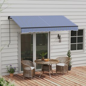 Toldo manual retrátil para varanda 295 L x 247 L cm, com inclinação ajustável, manivela, estrutura em alumínio e tecido de poliéster azul e branco
