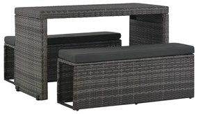 vidaXL Conjunto jantar p/ exterior com almofadões 3 pcs vime cinzento