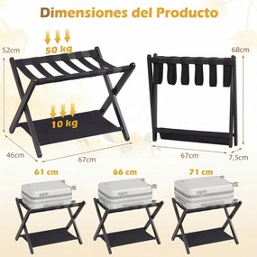 Porta-bagagens dobrável de dois níveis em madeira de borracha 67 x 46 x 52 cm, com prateleiras de nylon e Estrutura em X, para quartos de hotel, preto