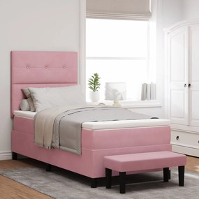 Cama Box Spring com Colchão e Banco Rosa 90x190 cm Veludo