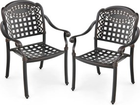 Conjunto jardim de 2 cadeiras empilháveis em alumínio fundido com braços e mesa auxiliar redonda para exterior (jardim, terraço), cor bronze