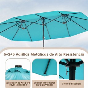 Guarda-sol duplo 460 x 285 cm com 48 luzes LED, 3 aberturas de ventilação, 12 varas, base e manivela para jardim, terraço e piscina – Turquesa