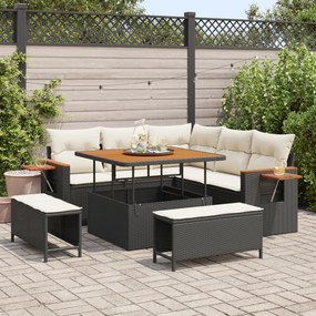 Conjunto de Sofá de Jardim vidaXL de 8 Peças com Almofadas Preto Poli Rattan Acácia