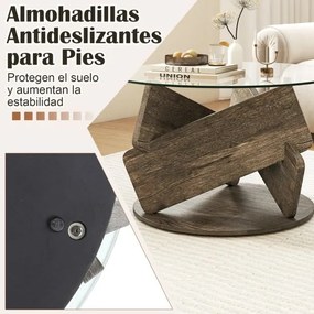 Mesa de centro redonda de cristal  moderna de 81 cm com tampo em vidro temperado transparente, pés em madeira maciça cinzenta